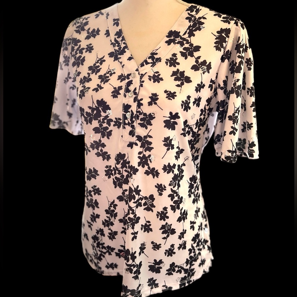 Floral V-Neck Short Sleeve Blouse - Pink/Black